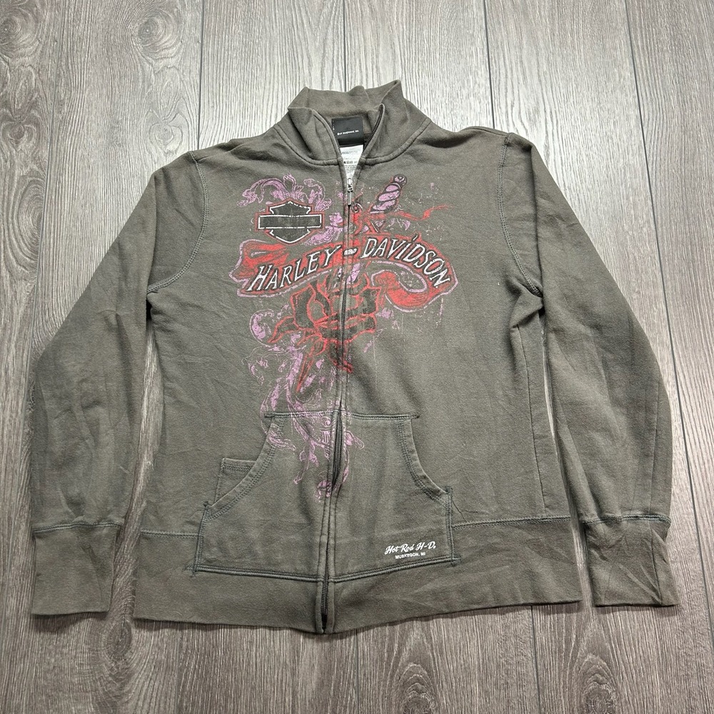 Harley Davidson Womens Full Zip Sweatshirt Medium Gray Rose Graphic Y2K Muskegon